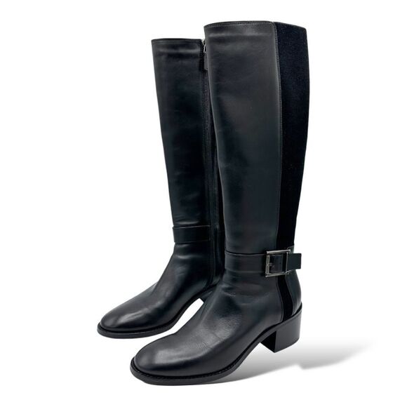 Aquatalia Womens 7.5 Black Leather Stretch Fabric Knee High Riding Boot 6.5 - Picture 2 of 14